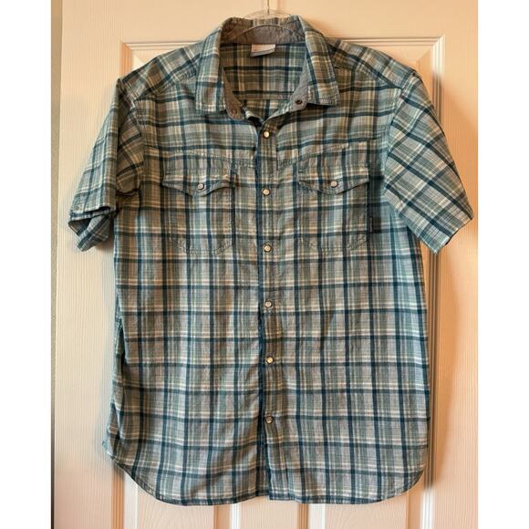 Columbia Men's Button Down Short Sleeve Blue and White Plaid Shirt Size L - Picture 1 of 7